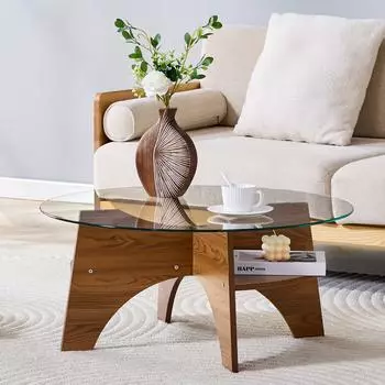 OKWISH Couchtisch rund Ø80cm, Sicherheitsglas, MDF-Beine Nussbaum