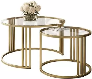 Lookway Lori Glass 2in1 Couchtisch-Set, rundes Glas, geb&uuml;rstetes Gold (800001532046)