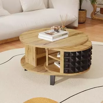 OKWISH Couchtisch rund, drehbar, mit versteckter Ablage, Holzwerkstoff, natur (80x45,2x82,5cm)