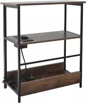 Relaxdays Beistelltisch mit Steckdose & USB-Ports, Holzwerkstoff/Metall, dunkelbraun