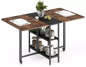 LuxusKollektion Klappbarer Esstisch mit Rollen und 2 Ablagen, 140x80x75cm, rustikales Braun/Schwarz