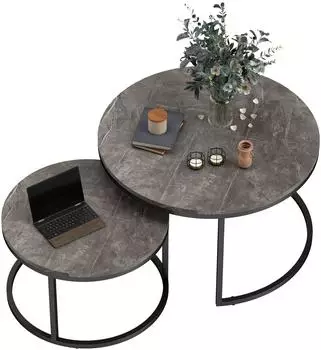 HomCom Couchtisch rund 2er-Set stapelbar, Zementoptik, Metallrahmen, 78,5x46,5cm