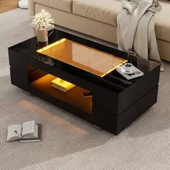 OKWISH Couchtisch mit LED-Beleuchtung & Bluetooth, MDF/Glas, schwarz, 100x50x35cm