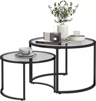 HomCom Couchtisch 2er-Set, Hartglas & Stahlgestell, schwarz