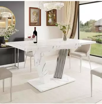 MODFU Ausziehbarer Esstisch Marmordekor, MDF & Metall, 120-160x80x76cm, wei&szlig;
