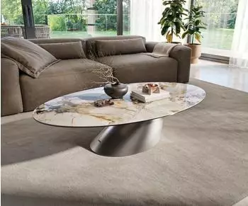 DeLife Edge Couchtisch oval 140x80cm Keramik Patagonia poliert, Edelstahl geb&uuml;rstet (46038)