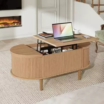 REDOM Couchtisch oval, h&ouml;henverstellbar, Stauraum, MDF Eiche (100x48x53,5cm)