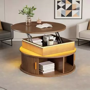 REDOM Couchtisch 75x75x52cm, h&ouml;henverstellbar, LED, Stauraum, MDF, Walnuss