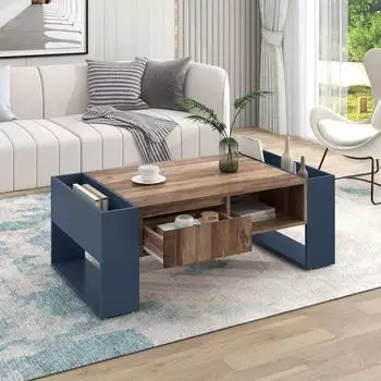 OKWISH Couchtisch mit Schublade und Stauf&auml;chern, Holzmaserung, 111x60cm