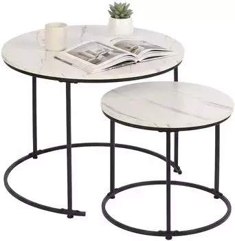 Relaxdays Satztisch 2er Set Marmoroptik, Metall, wei&szlig;-schwarz