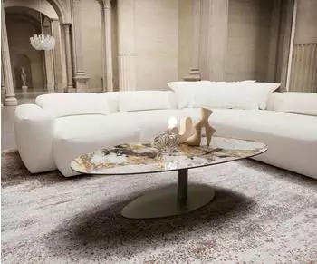 DeLife Edge Couchtisch oval 140x75cm, Keramik Patagonia poliert, Metall Titan (46035)