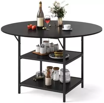LuxusKollektion Runder Esstisch Ø 120cm, 2 Ablagen, Metallbeine, schwarz