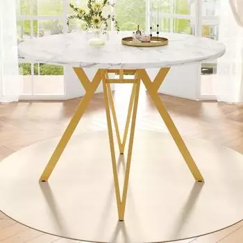 LuxusKollektion Runder Esstisch 100cm, Marmoroptik weiß, Metallbeine (G 3)