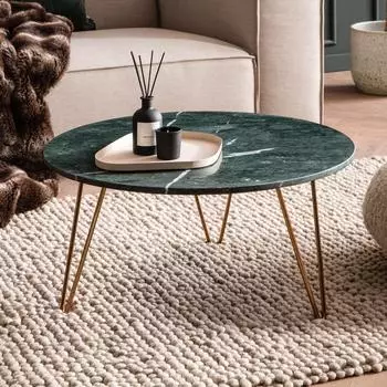 Finebuy Couchtisch rund echter Marmor gr&uuml;n, Goldgestell Dreibein, &Oslash;70cm (FB107736)