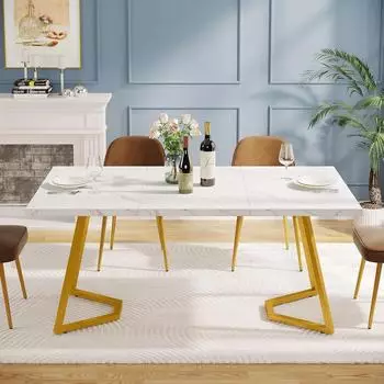 LuxusKollektion Esstisch 140cm, Kunstmarmor weiß, Metallbeine gold, rechteckig