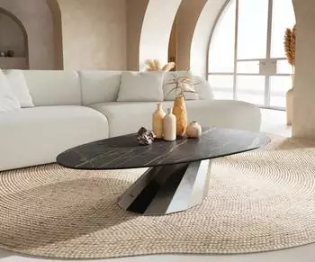 DeLife Edge Couchtisch oval 140x75cm Keramik Laminam&reg; Noir Desir, Edelstahl geb&uuml;rstet (42802)