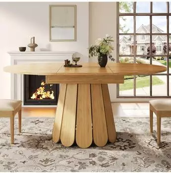 MODFU Ausziehbarer Esstisch rund bis oval, MDF, naturfarben, &Oslash;118-158cm