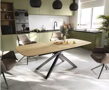 DeLife Edge Boot Esstisch 180-220x100cm Keramik Laminam&reg; Sabbia, Kreuzgestell Edelstahl graphit, ausziehbar