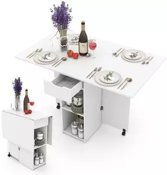 LuxusKollektion Klapptisch mit Rollen, 1 Schublade & 2 Ablagen, 120x72x75cm, wei&szlig;