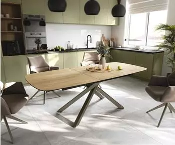 DeLife Edge Boot Esstisch 180-220x100cm Keramik Laminam&reg; Sabbia, Kreuzgestell Titan ausziehbar