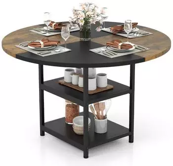 LuxusKollektion Runder Esstisch mit 2 Regalen, Metallgestell, Ø119cm, 4-6 Personen