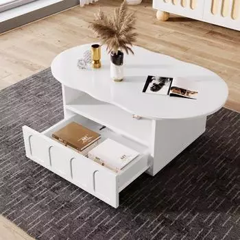 OKWISH Couchtisch Wolkenform mit Schublade und Ablagefach, wei&szlig;, 100x60cm