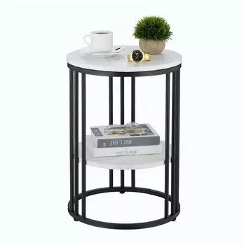 Relaxdays Beistelltisch Marmoroptik, 2 Ablagen, rund, Metall & MDF, 56x40cm (10051105_362)