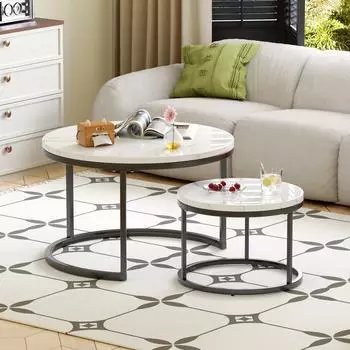 Stilvora Couchtisch-Set 2-teilig, rund, Metallrahmen, Steinoptik