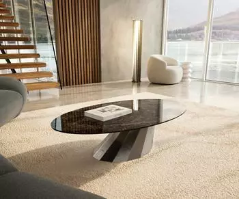 DeLife Edge Couchtisch oval 140x80cm, Keramik dunkelbraun, Edelstahl geb&uuml;rstet (42766)