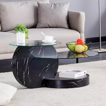 MODFU Runder Couchtisch 78,5x78,5x24,5cm Temperglas und MDF, schwarz/transparent