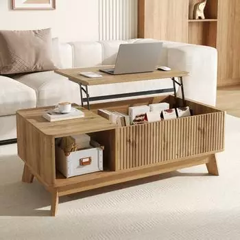 OKWISH Couchtisch mit Hubfunktion, Wellenoptik, offenes Seitenfach, 95x50x48cm