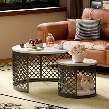Stilvora Couchtisch-Set 2-teilig, rund, Marmoroptik, schwarz, mit Haustierfunktion (&Oslash;70&times;H45 & &Oslash;45&times;H35)