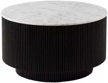 Massivmoebel24 Barcelona Couchtisch rund, Mangoholz, schwarz/wei&szlig; Marmor, 80x80x45cm (09-200-344-1020)