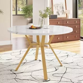 OKWISH Runder Esstisch MDF Marmoroptik, X-Gestell gold, 100cm