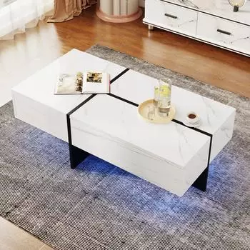 OKWISH Couchtisch Marmoroptik Hochglanz wei&szlig; mit App-gesteuertem LED-System, 100x50x34,5cm