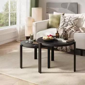 VICCO Norin Couchtisch-Set, rund, schwarz/schwarzer Marmor, 60x60cm