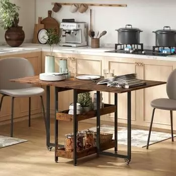 OKWISH Klappbarer Esstisch mit 2 Ablagen, braun, 133,4x80x75cm