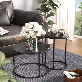 VICCO Ottawa Couchtisch-Set, schwarze Marmoroptik, rund, 2-teilig