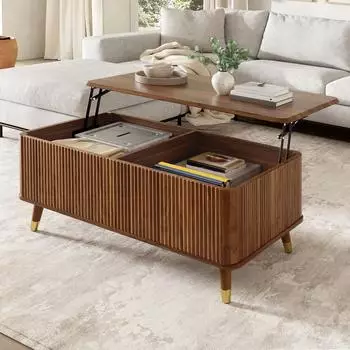 OKWISH Couchtisch Retro Wellenstruktur, h&ouml;henverstellbar, Walnussoptik, Holzbeine