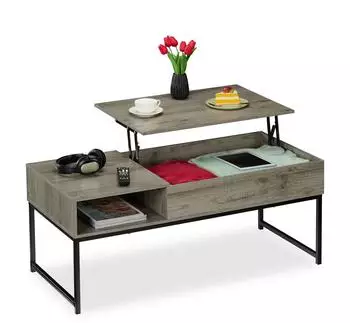 Relaxdays Couchtisch aufklappbar, Holzoptik & Metall, grau, 110x56x50cm (10049653_492)