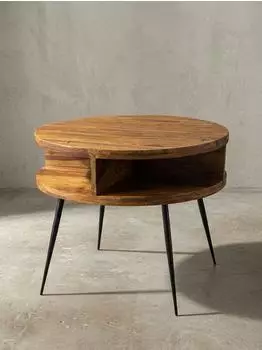 KADIMA DESIGN Couchtisch rund, Sheesham Massivholz, 4 Ablagef&auml;cher, schwarzes Metallgestell, 60x60x45cm