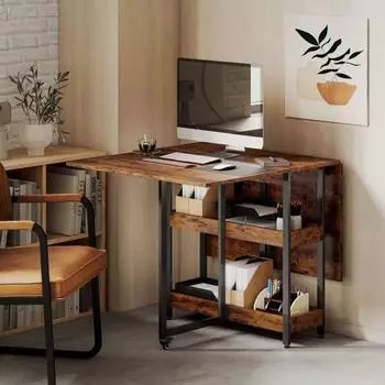 REDOM Klappesstisch mit 2 Ablagen und Rollen, 133,4×80×75cm, braun (Spanplatte)