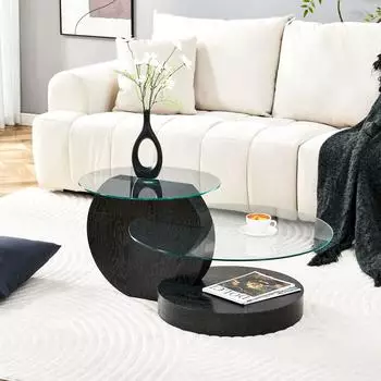 OKWISH Couchtisch rund, zweist&ouml;ckig, Sicherheitsglas & MDF, Marmoroptik