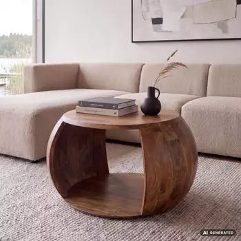 Finebuy Couchtisch Mango-Massivholz, rund, 60cm, mit Ablagefach (FB116317)