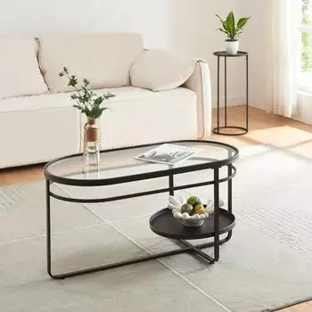 en.casa Kumla Couchtisch oval, Glasplatte, Metallgestell, schwarz, 90x42,5x46cm