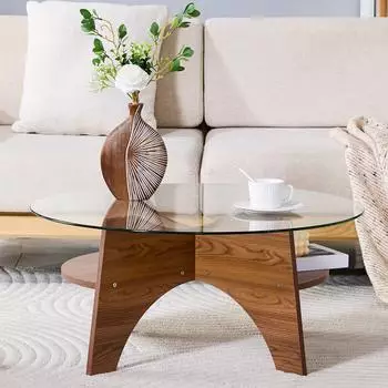 Stilvora Couchtisch rund, Sicherheitsglas, Tischbeine in Nussbaum-Optik, Ø80cm (X-Form)