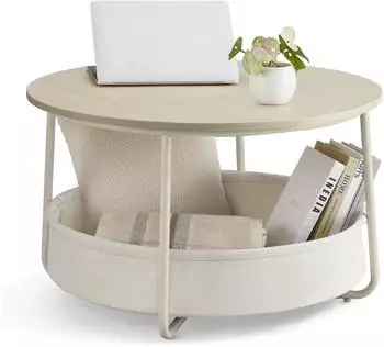 Vasagle Runder Couchtisch mit Stoffkorb, Metallrahmen, naturbeige-cremewei&szlig;