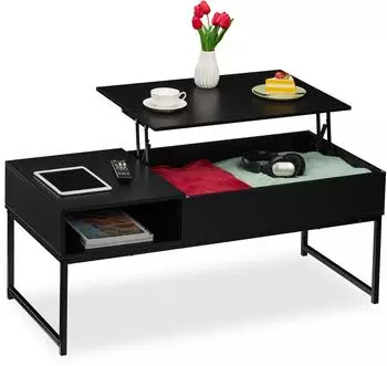 Relaxdays Couchtisch aufklappbar, Stauraum, Holzoptik & Metall, schwarz, 110x56x50cm (10049653_469)