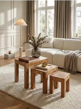 KADIMA DESIGN Mumbai Satztisch 3er Set, Akazie Massivholz, Landhausstil