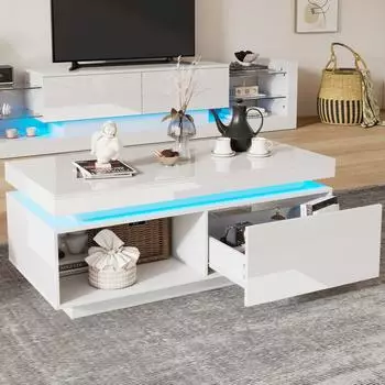 OKWISH Couchtisch wei&szlig; Hochglanz mit LED-Beleuchtung und Schublade, 100x50x40,3cm
